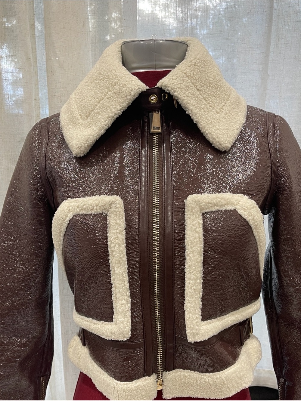 Authentic Alice + Olivia Burgundy Jacket with Cream Shearling Trim